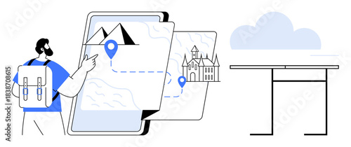 Travel planning, navigation, tourism, outdoor exploration, destination search, and adventure. A person with a backpack pointing at a waypoint on a virtual map. Travel planning and navigation ideas