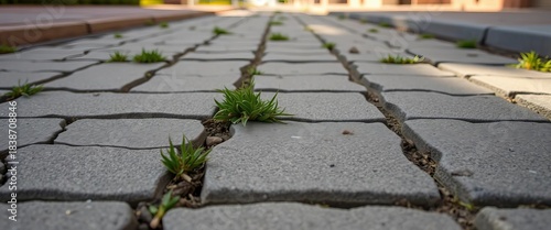 Cracked asphalt sidewalk, weeds sprouting between paving stones, Utah summer heat haze, stone, sidewalk