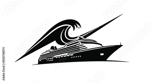 Massive wave crashes over a luxury cruise ship, symbolizing danger at sea.