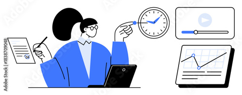 Person reviewing charts and documents, managing time with a clock, using a laptop and video player. Ideal for productivity, business, time efficiency, workplace planning, remote work, task