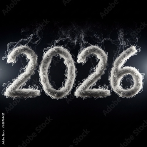 The image prominently features the number 2026, creatively rendered in a smoke-like texture, set against dark background.