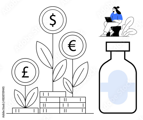 Financial growth concept. Plant symbols with currency icons investment and profits. Financial symbols link to vaccine research funding or economic recovery. For finance, health, innovation, recovery