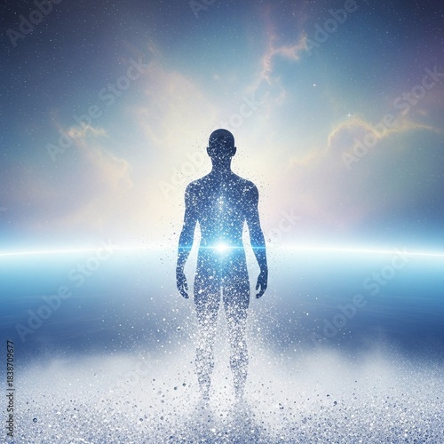 A figure of a human on a cosmic backdrop composed of stars stands radiating ethereal, bright light and cosmic energy.