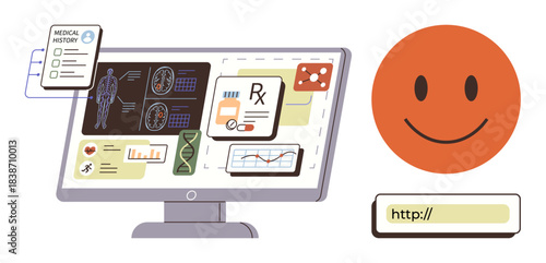 Computer screen displays medical data, diagnostic images, prescription info. happy face and URL icon suggest user access. Ideal for healthcare, telemedicine, UX design, innovation, tech analysis