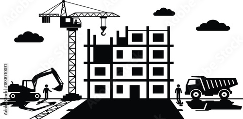 Massive Construction Worker and Equipment Vector Icon Set, featuring Tools, Safety Gear, Heavy Machinery, and Labor Activities for Industrial Building Projects.Massive Construction Worker and