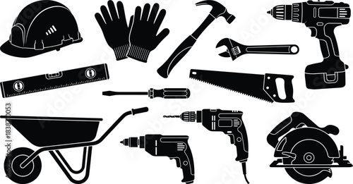 Detailed Construction Site Vector Silhouette featuring Workers, Cranes, Scaffolding, and Tools like Saws and Levels, illustrating Industrial Building Development.Detailed Construction Site Vector 