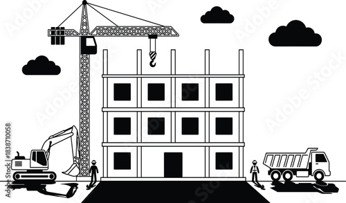Massive Vector Icon Set of Construction Workers, Tools, Equipment, Safety Gear, and Materials, including Bulldozer, Crane, Cement, and Bricks for Industrial Projects.