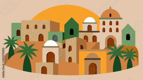 Ancient Desert Settlement Illustration with Mountains and Ruins