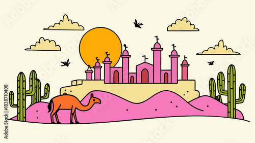 Ancient Desert Settlement Illustration with Mountains and Ruins