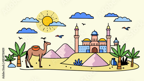 Ancient Desert Settlement Illustration with Mountains and Ruins