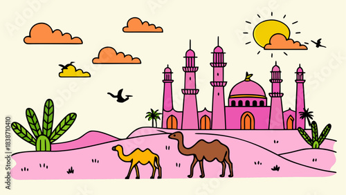 Ancient Desert Settlement Illustration with Mountains and Ruins