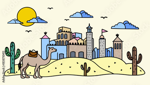 Ancient Desert Settlement Illustration with Mountains and Ruins