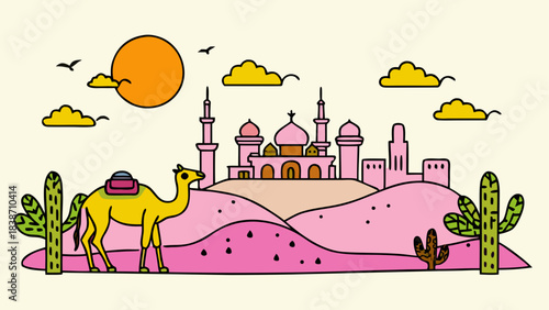 Ancient Desert Settlement Illustration with Mountains and Ruins