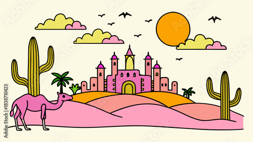 Ancient Desert Settlement Illustration with Mountains and Ruins