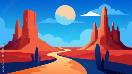Ancient Desert Settlement Illustration with Mountains and Ruins