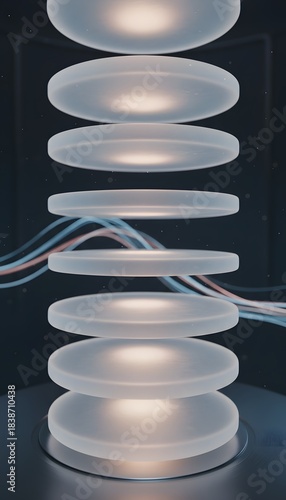 Dynamic interplay of light and data through a stack of glowing translucent optical elements, symbolizing advanced technology and interconnected digital systems in a futuristic abstract environment