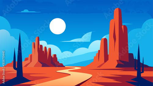 Ancient Desert Settlement Illustration with Mountains and Ruins