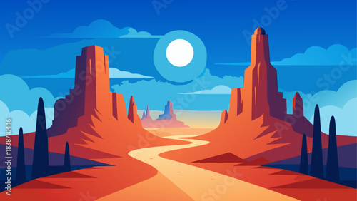 Ancient Desert Settlement Illustration with Mountains and Ruins