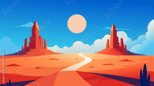 Ancient Desert Settlement Illustration with Mountains and Ruins