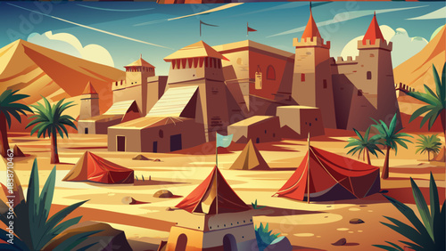 Ancient Desert Settlement Illustration with Mountains and Ruins
