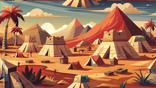 Ancient Desert Settlement Illustration with Mountains and Ruins