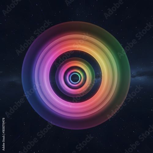Vibrant concentric rainbow rings creating an abstract tunnel of luminous color and depth against a mesmerizing dark cosmic background, ideal for digital art and graphic design projects