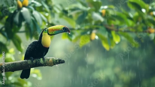 A toucan perches on a branch in a tropical downpour, lush foliage and rain blurred in the backdrop