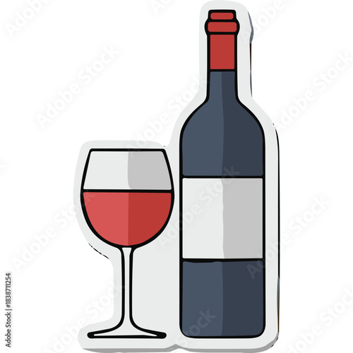 Red Wine Bottle With Label And Glass Filled With Wine Flat Design Illustration Isolated On White Background