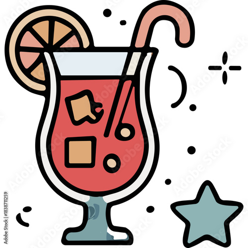 Refreshing Red Cocktail With Ice Orange Slice And Straw In Tall Glass With Star Icon And Black Background