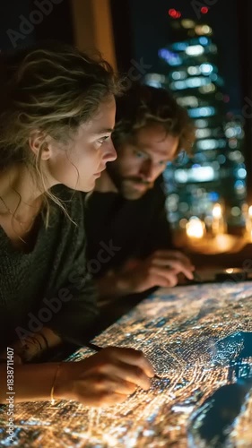 Couple Analyzing City Map at Night with Candles