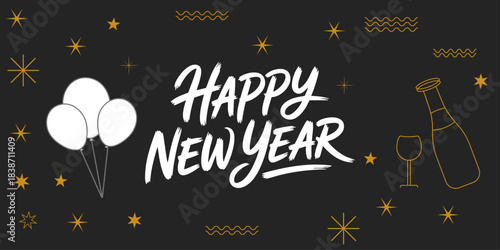 Happy New Year white Typography Fireworks Banner
