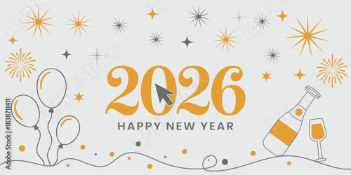 Happy New Year 2026 Gold Decorations Confetti Banner