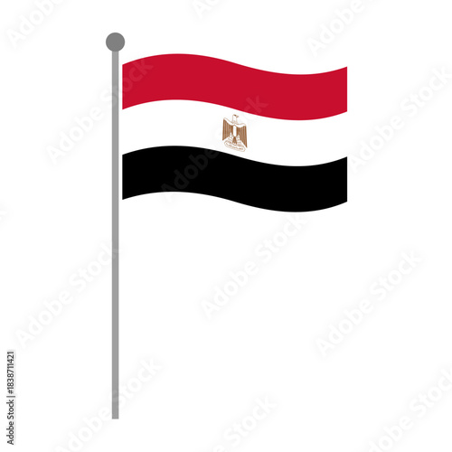 Waving Egypt national flag on a tall silver flagpole, featuring red, white, and black horizontal stripes with the golden Eagle of Saladin emblem centered in the design