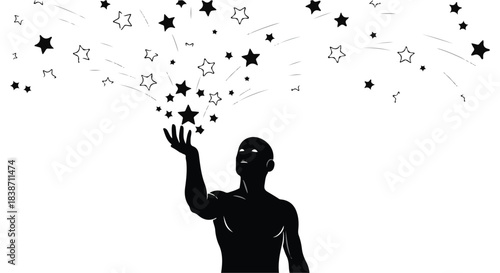 Silhouette of a person reaching up to a cascade of glowing stars and light bursts.