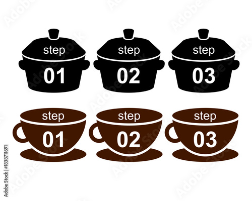 「step 01, 02, 03」の番号とテキストが入った、黒い土鍋と茶色のコーヒーカップのベクターイラストセット。料理のレシピ手順、カフェのメニュー案内、調理プロセスの説明、キッチンのインフォグラフィックデザインに最適な素材で、商用利用向け