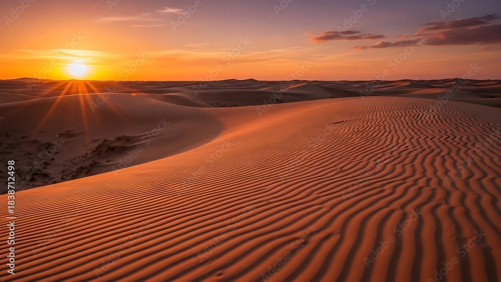 Naklejka premium Golden hour over rolling sand dunes with dramatic light and shadow patterns