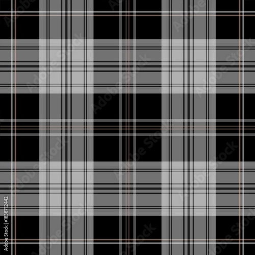 black and grey tartan plaid pattern. Suitable for apparel, textiles, backgrounds, and stylish modern design projects.
