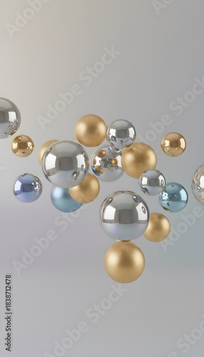 Abstract composition of floating metallic spheres in gold, silver, and blue hues against a soft gradient background