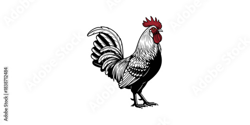 Black and white rooster with fanned tail feathers Vector Image