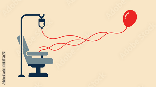 Abstract illustration of blood donation or medical treatment with an iv stand, chair, and red balloon connected by wavy lines