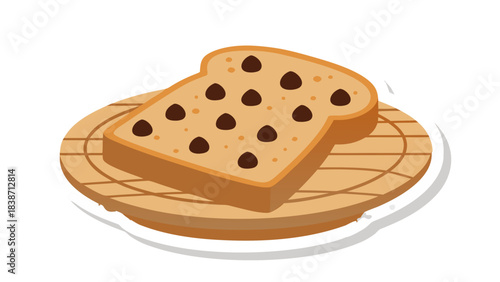 Slice of Bread with Chocolate Chips on a Wooden Plate Flat Design Isolated Illustration