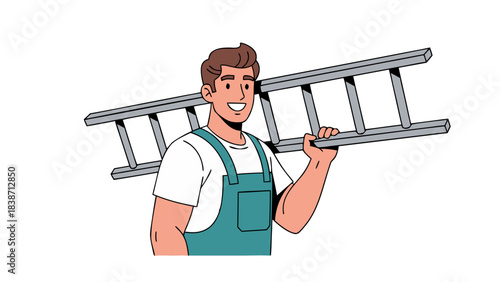 Smiling Male Construction Worker Carrying a Ladder on His Shoulder Wearing Teal Overalls and White TShirt With Dark Hair and Brown Eyes Against Black Background