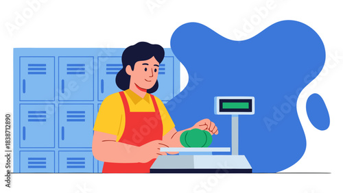 Smiling Woman in Red Apron Weighing Green Produce on a Digital Scale in a Store Aisles with Blue Lockers and Abstract Blue Shape Background Bright Lighting