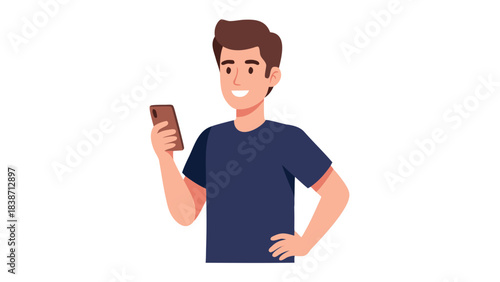 Smiling Young Man In A Dark Blue T Shirt Holding A Smartphone In His Right Hand And Standing Against A Black Background With A Slight Smile And Confident Pose
