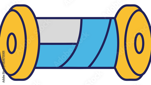 Spool of blue thread with golden ends and gray section on a dark background