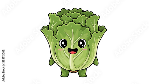 Cute cartoon illustration of a happy head of green lettuce with eyes and arms