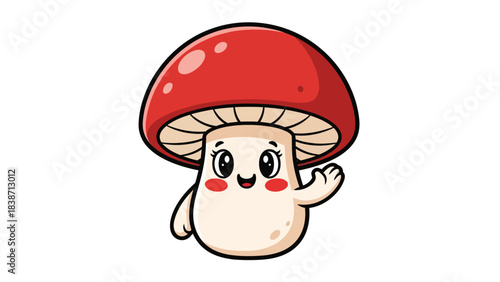 Cute cartoon mushroom with a red cap smiling and waving