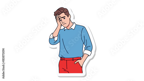 Stressed Young Man In Blue Sweater And Red Pants Holds Head In Hand Showing Frustration And Distress Isolated On Black Background With White Outline