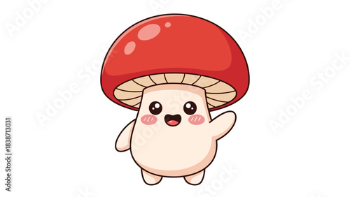 Cute cartoon red mushroom character waving with rosy cheeks