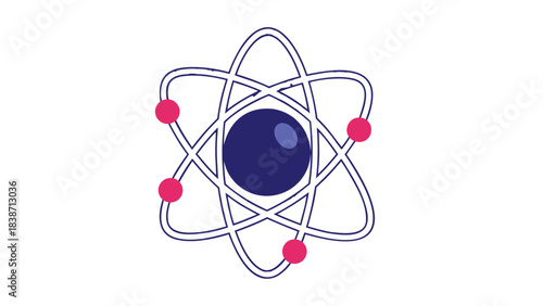 Stylized atomic model illustration with a central dark blue nucleus and four pink orbiting electrons on elliptical paths against a stark black background symbolizing science and research
